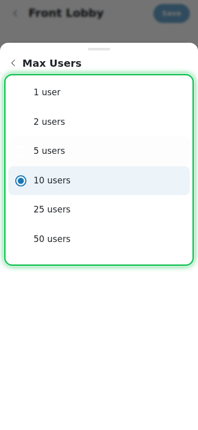 Max Users picker with numeric options