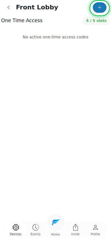 One Time Access page showing the plus button