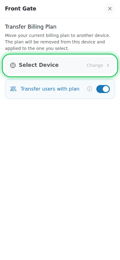 Transfer Billing Plan panel with Select Device highlighted