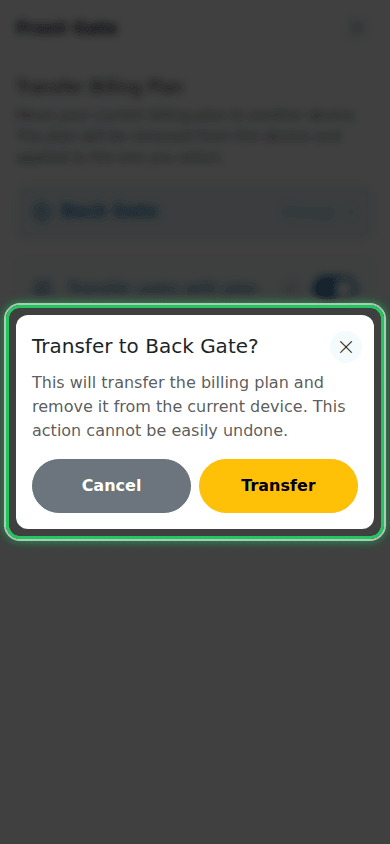 Transfer confirmation popup with Transfer button highlighted