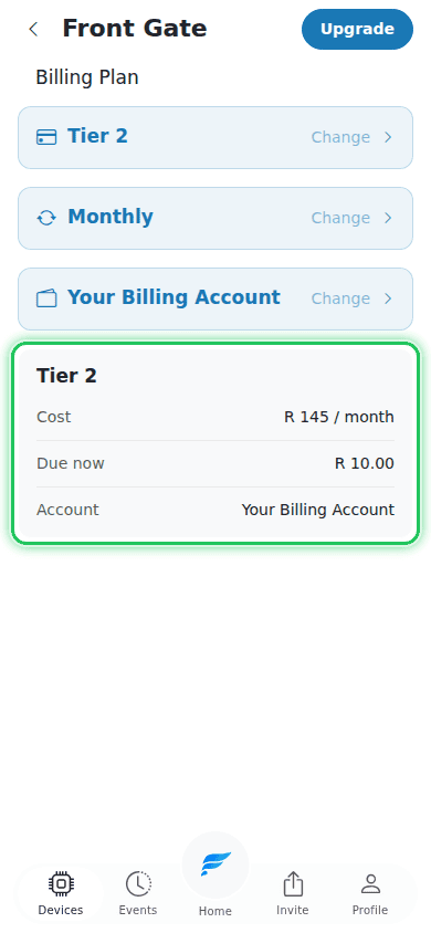 Summary card showing tier, cost, Due now, and billing account