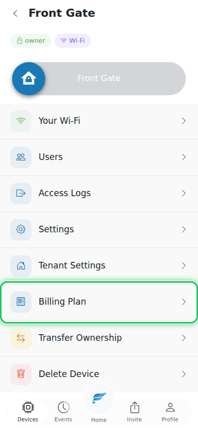 Device details page with Billing Plan row highlighted