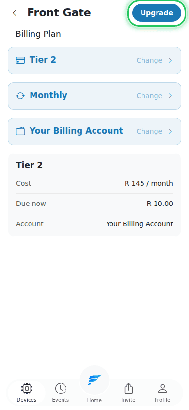 Upgrade button in the top right of the Billing Plan page