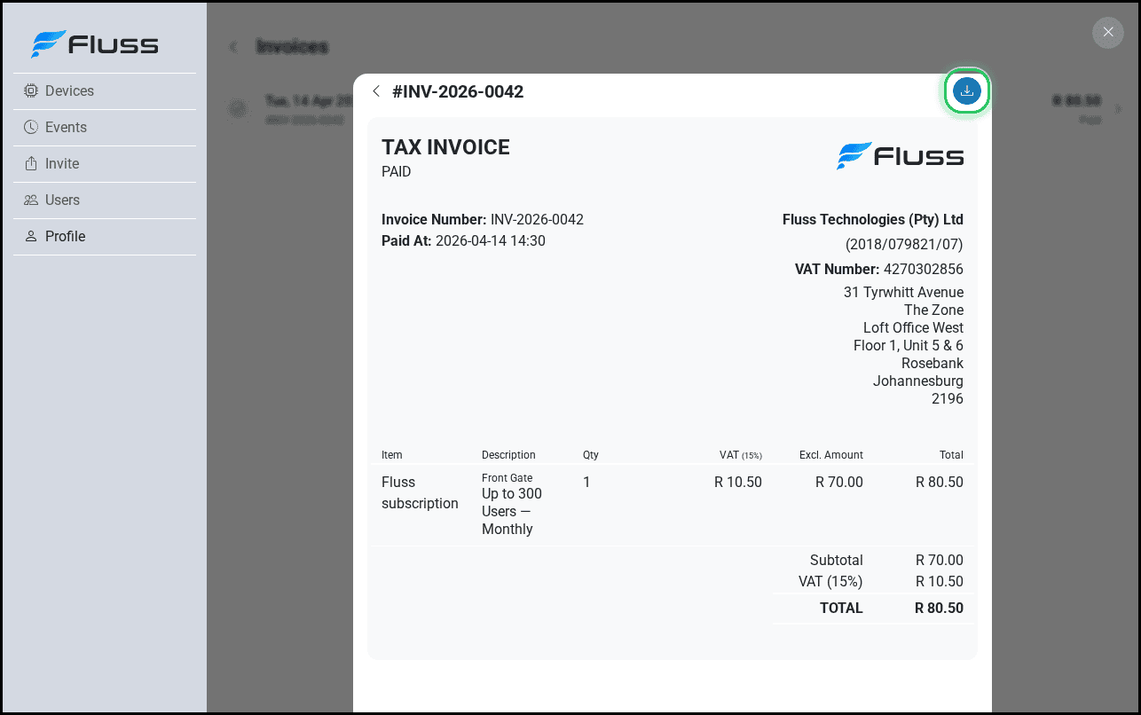 Invoice open in the web app with the download button highlighted
