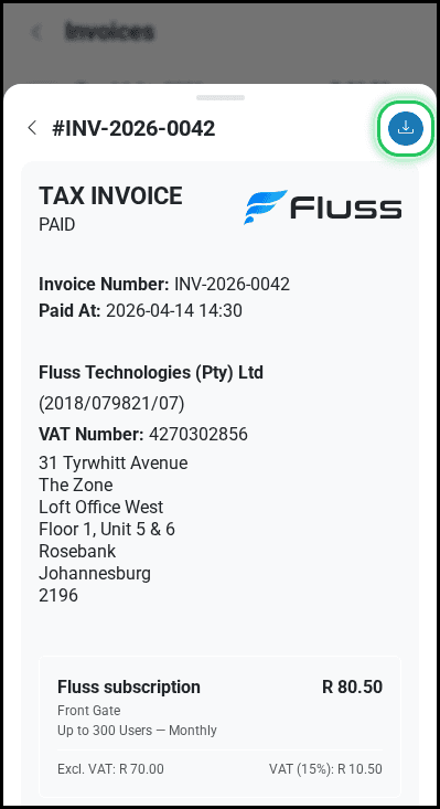 Download button highlighted on the open invoice