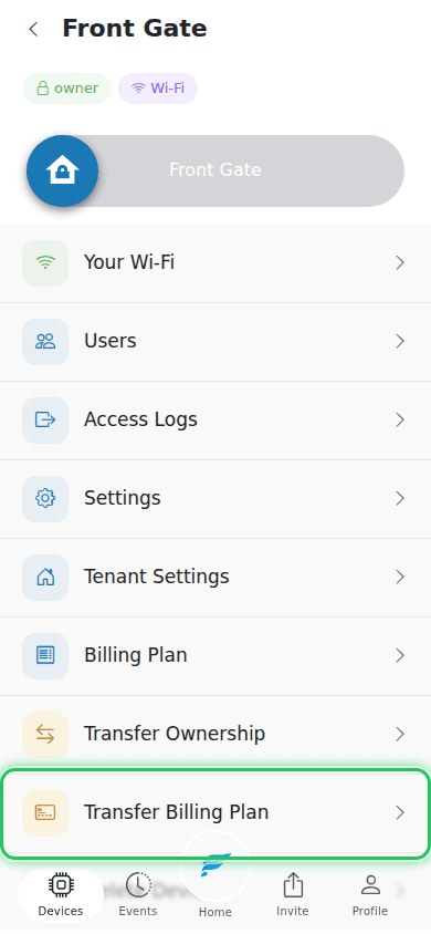 Device details page with Transfer Billing Plan row highlighted