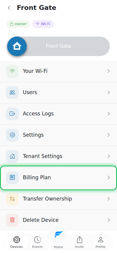 Device details page with Billing Plan row highlighted