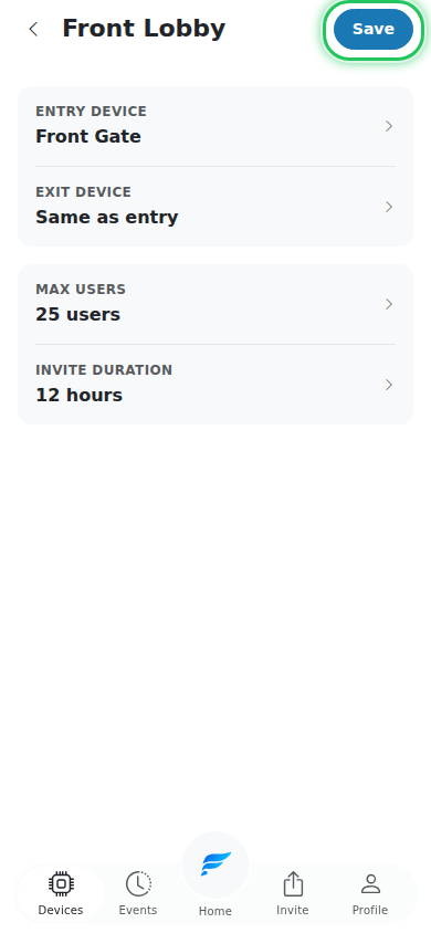 Save button at the top of the settings page