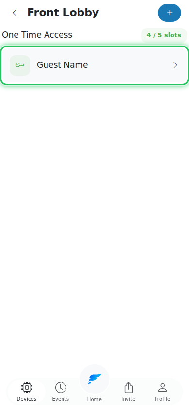 One Time Access page listing the active code