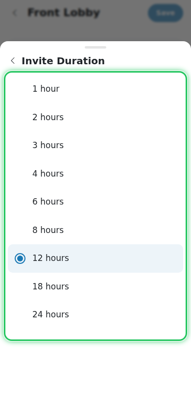 Invite Duration picker with hour options