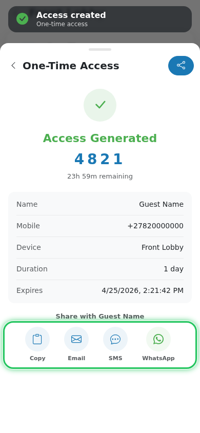 One-Time Access success sheet with 4-digit code and share buttons