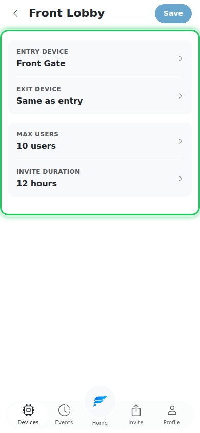 One Time Access Settings page showing the four rows