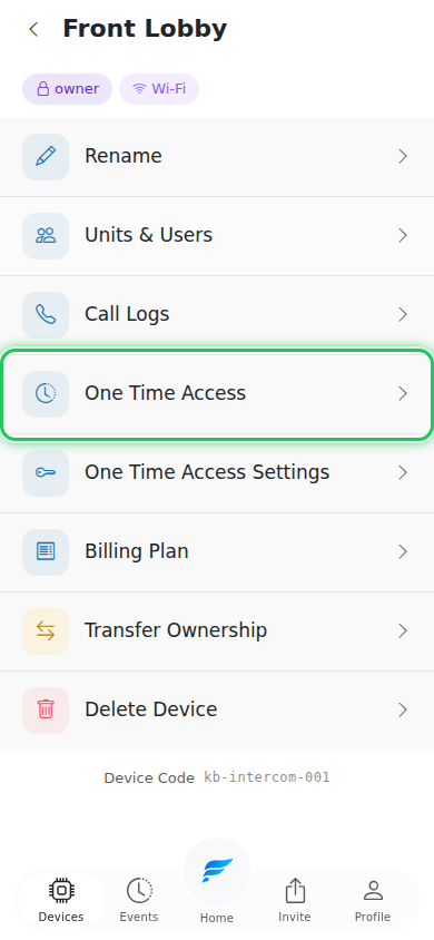 Device details page with One Time Access row highlighted