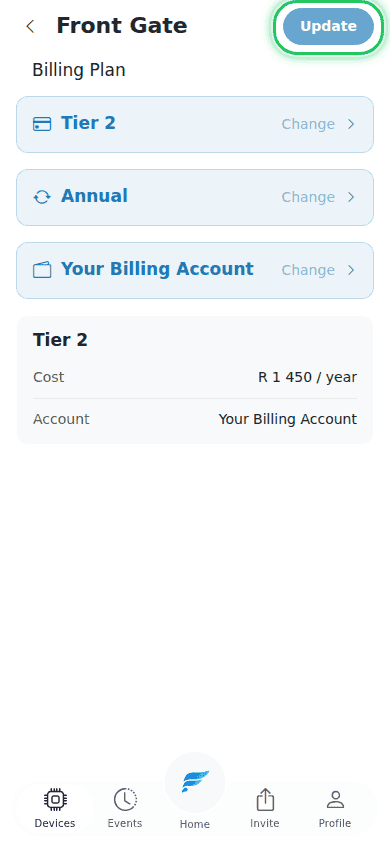 Update button in the top right of the Billing Plan page