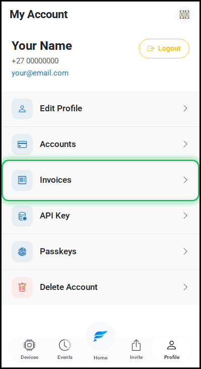 Invoices row highlighted on the account page