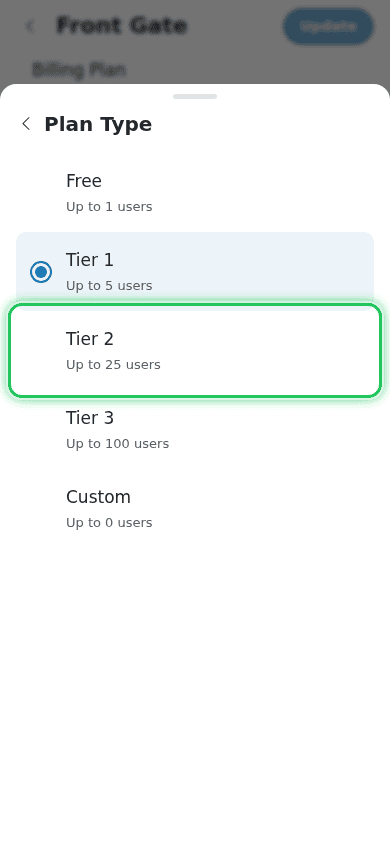 Plan Type picker with a higher tier highlighted