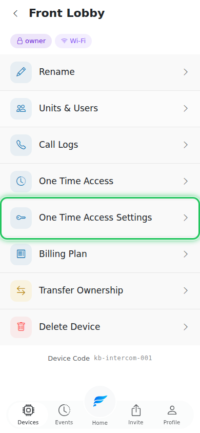 Device details page with One Time Access Settings row highlighted